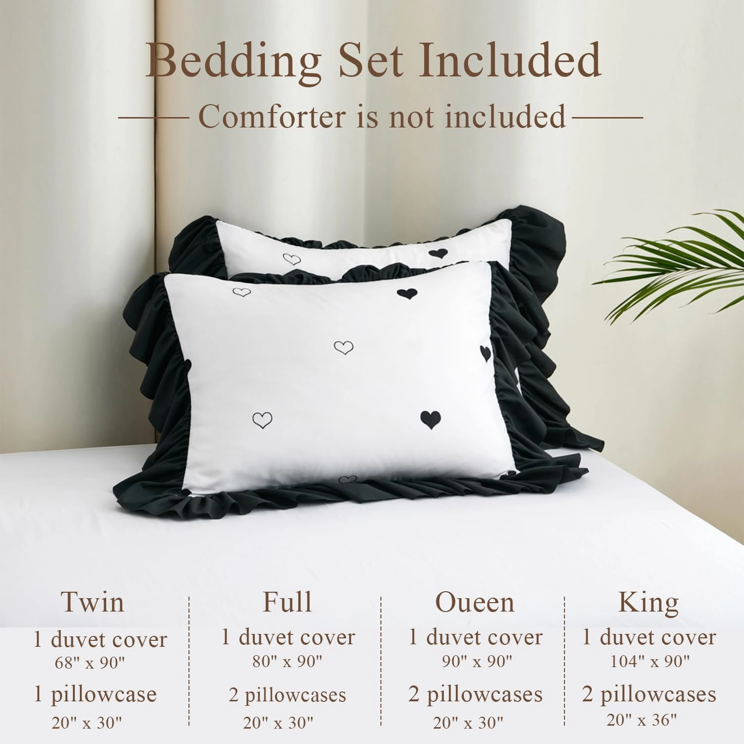 Black and White Duvet Cover Set Full Kids Love Heart Duvet Cover Princess Ruffle Comforter Cover Teens Girls Lovely Heart-Shaped Bedding Soft Brushed Microfiber Wide Ruffled 80x90 Duvet Cover