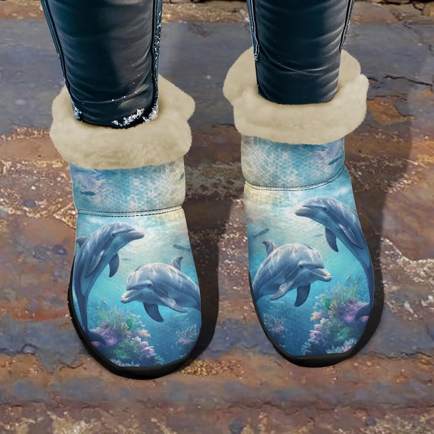 Blue Snow Boots for Women Fuzzy Ankle Booties Hiking Boots Non Slip Warm Casual Walking Boots