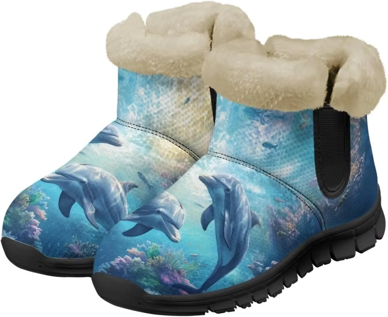 Blue Snow Boots for Women Fuzzy Ankle Booties Hiking Boots Non Slip Warm Casual Walking Boots