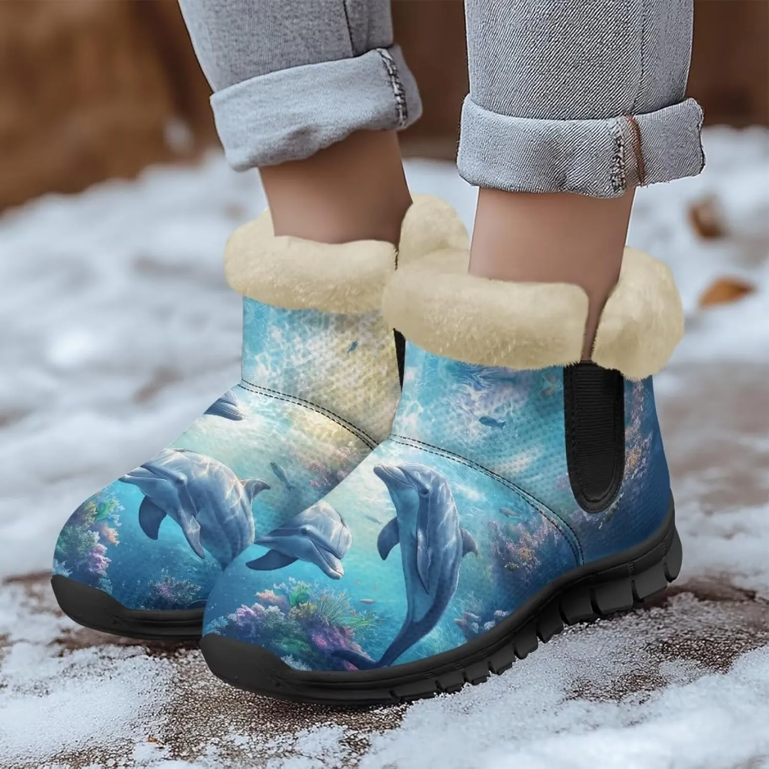 Blue Snow Boots for Women Fuzzy Ankle Booties Hiking Boots Non Slip Warm Casual Walking Boots