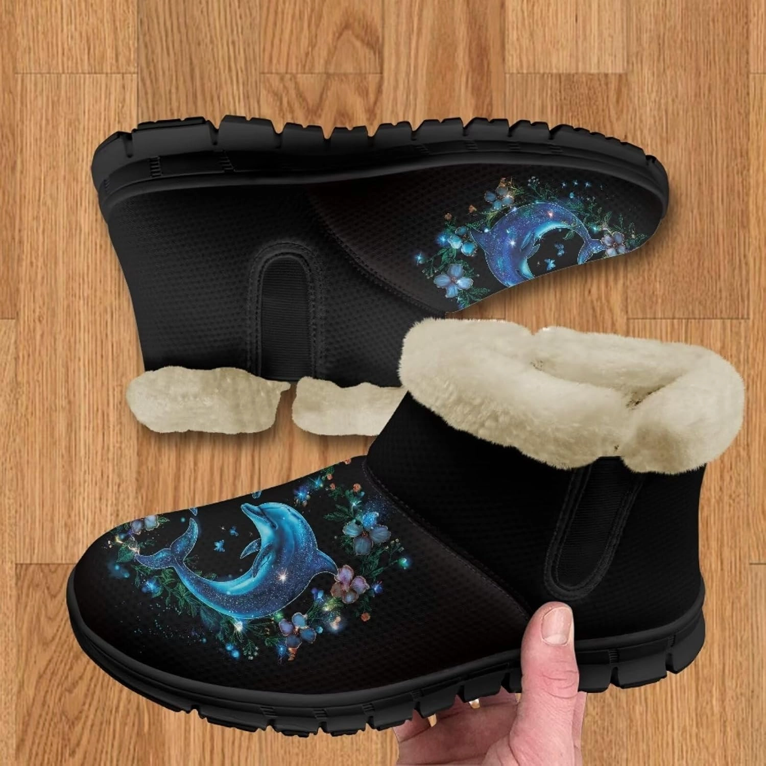 Blue Snow Boots for Women Fuzzy Ankle Booties Hiking Boots Non Slip Warm Casual Walking Boots