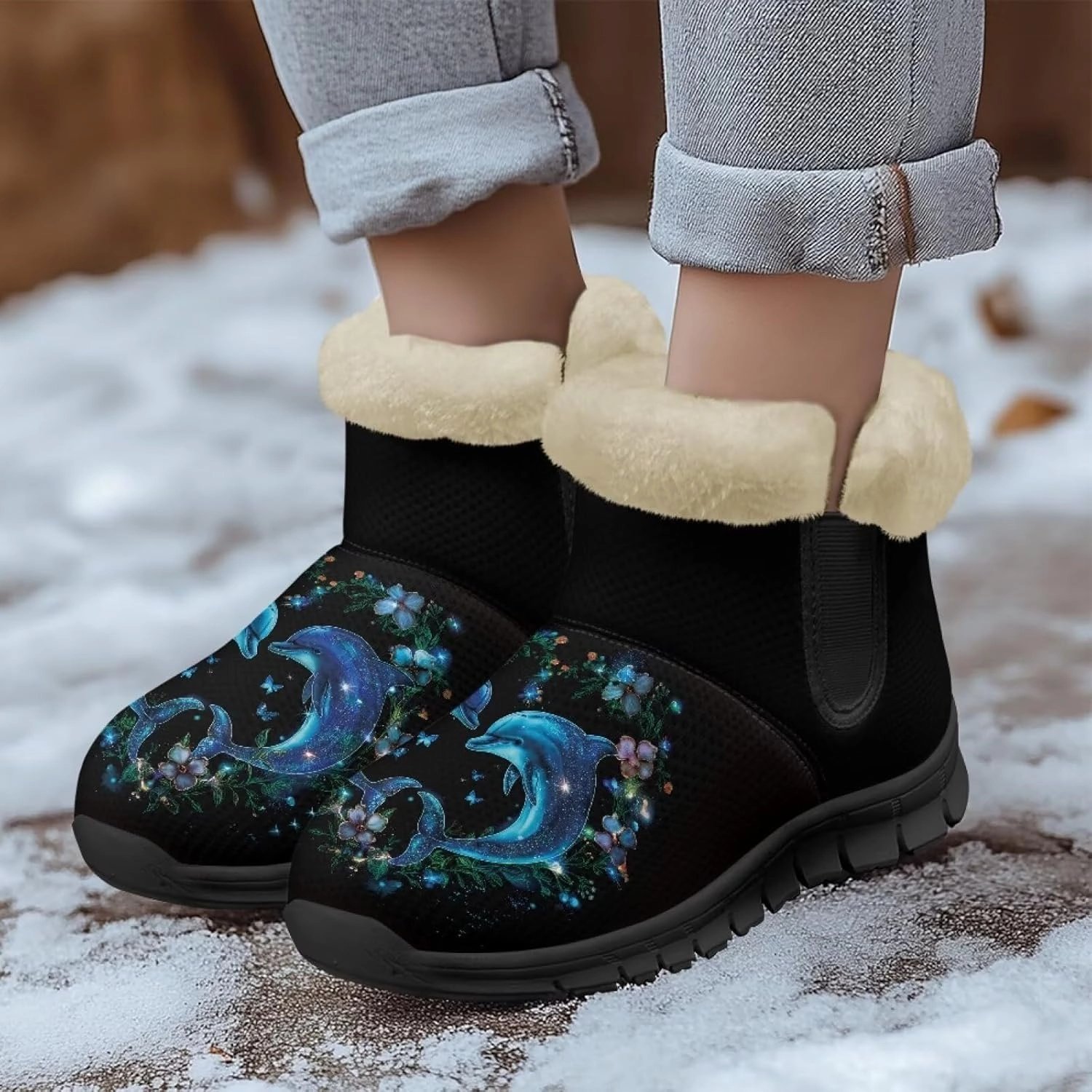 Blue Snow Boots for Women Fuzzy Ankle Booties Hiking Boots Non Slip Warm Casual Walking Boots