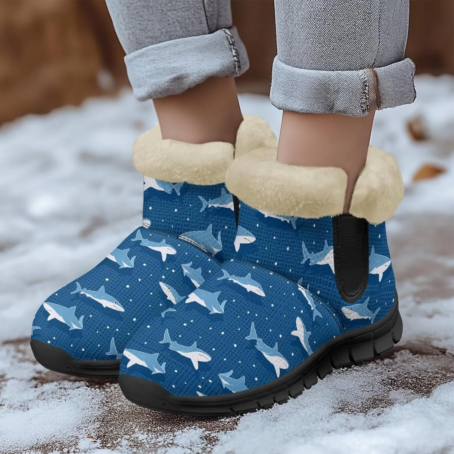 Blue Snow Boots for Women Fuzzy Ankle Booties Hiking Boots Non Slip Warm Casual Walking Boots