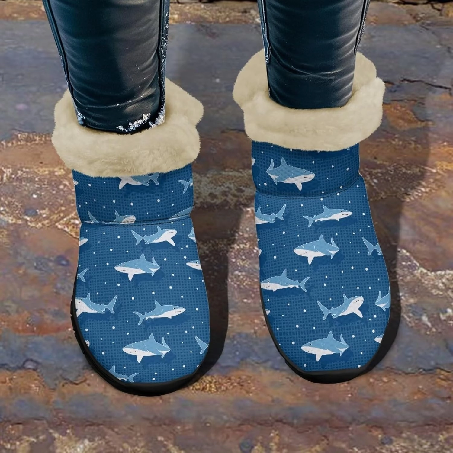 Blue Snow Boots for Women Fuzzy Ankle Booties Hiking Boots Non Slip Warm Casual Walking Boots