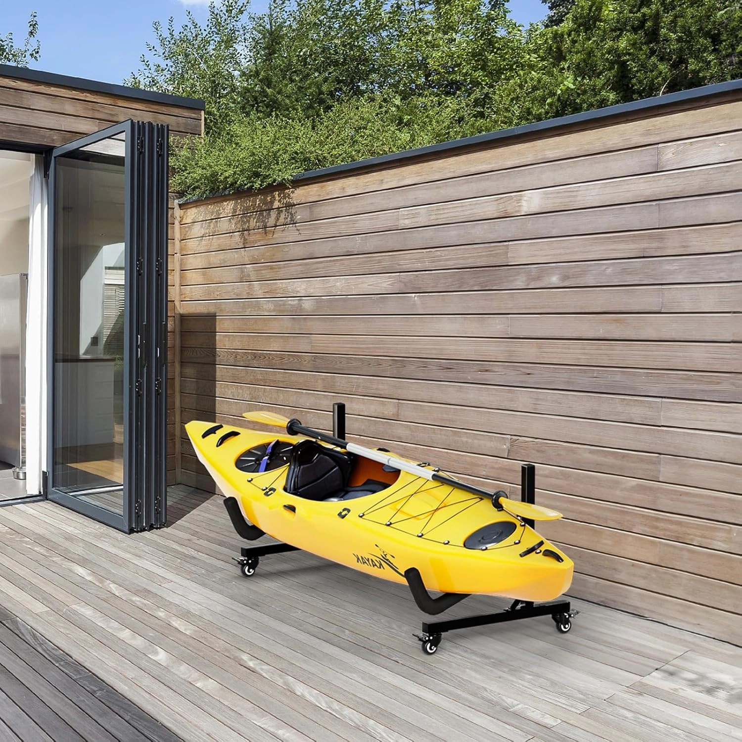 Bonnlo Kayak Stand Freestanding Storage Rack for Kayak Canoe Boat Paddle Board SUP Surfboard for Indoor Outdoor Garage, Shed, Dock with Lockable Wheels Wide Adjustable