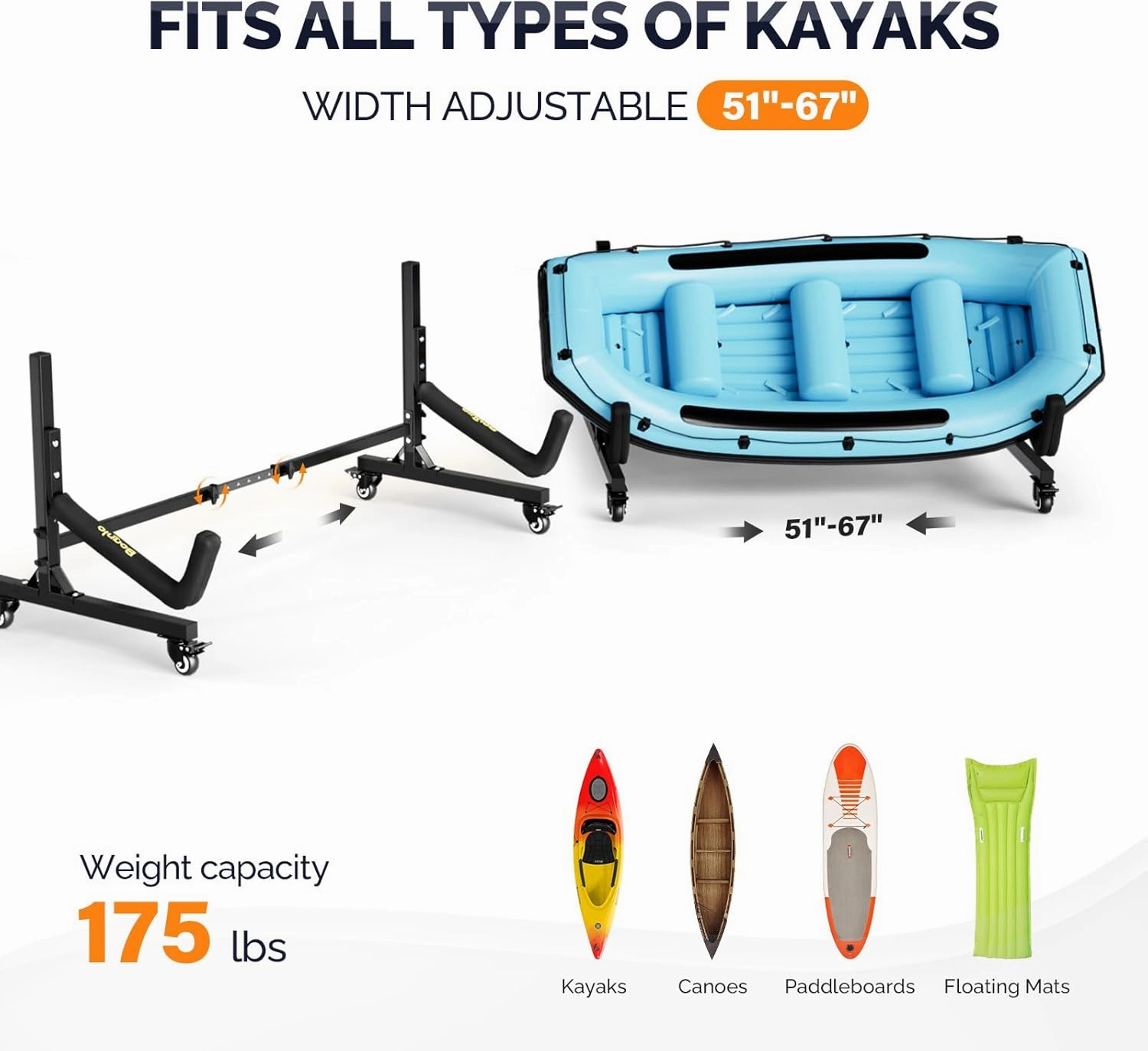 Bonnlo Kayak Stand Freestanding Storage Rack for Kayak Canoe Boat Paddle Board SUP Surfboard for Indoor Outdoor Garage, Shed, Dock with Lockable Wheels Wide Adjustable