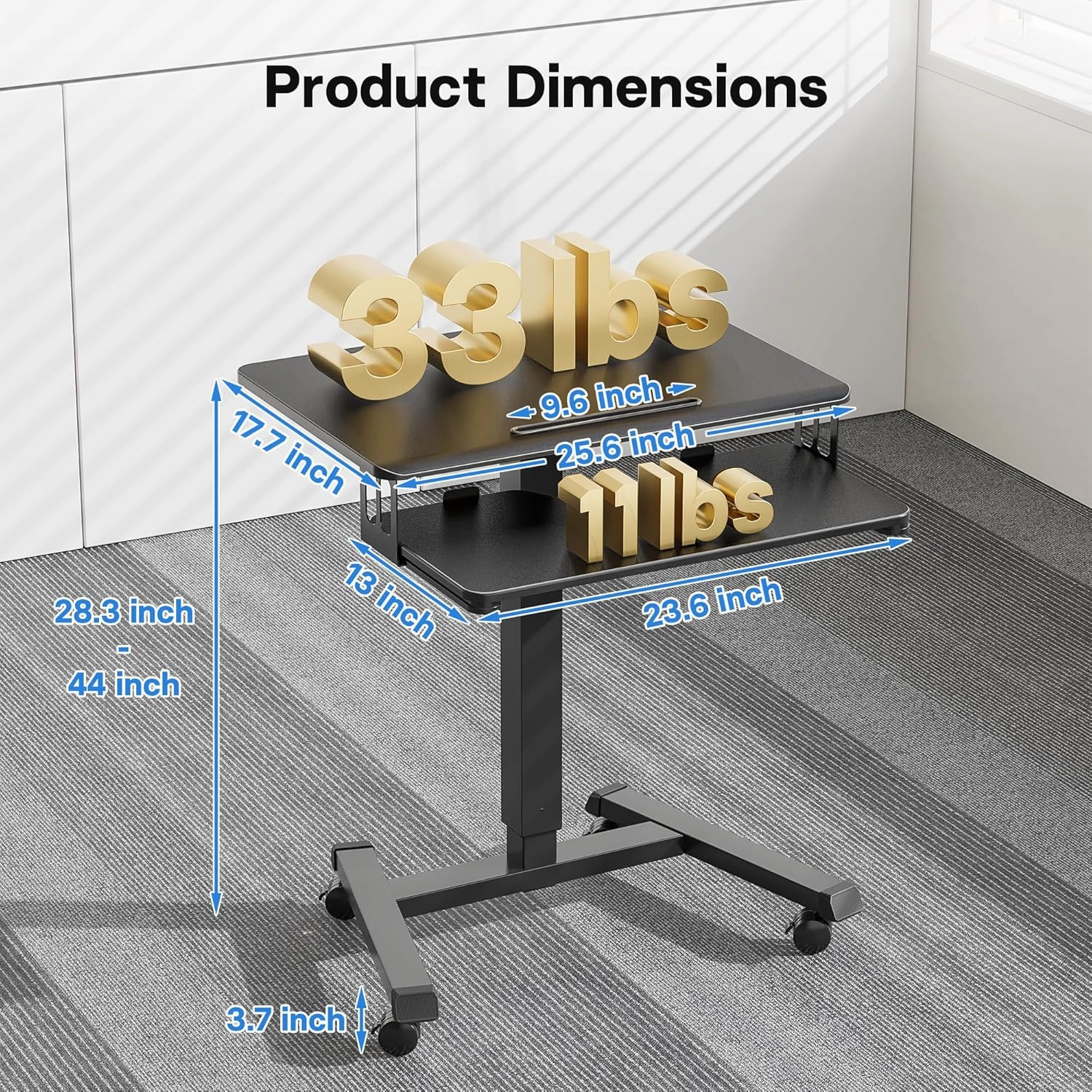 BONTEC Mobile Standing Desk with Keyboard Tray, Mobile Podium, Computer Workstation Up to 33lbs, Laptop Sit or Stand Desk on Wheels, Height Adjustable Stand Up Table for Living Room, Bedroom, Office