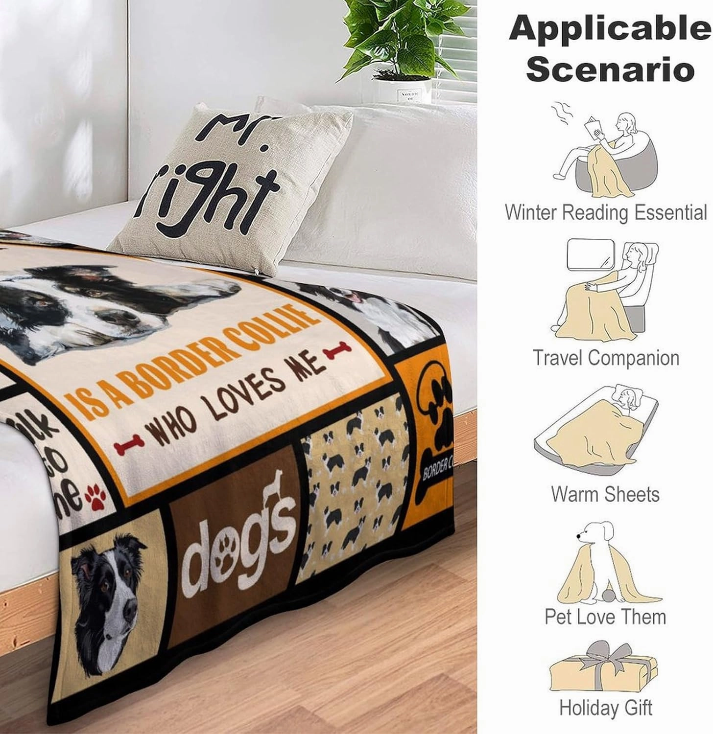 Border Collie Dog Print Blanket Best Dog Pet Animal Throw Blankets for Couch Sofa Stuff Decor Gifts Lightweight Soft Cozy Fleece Plush Warm Flannel Bedding for Lover Man Woman Teen Adults 40"x50"