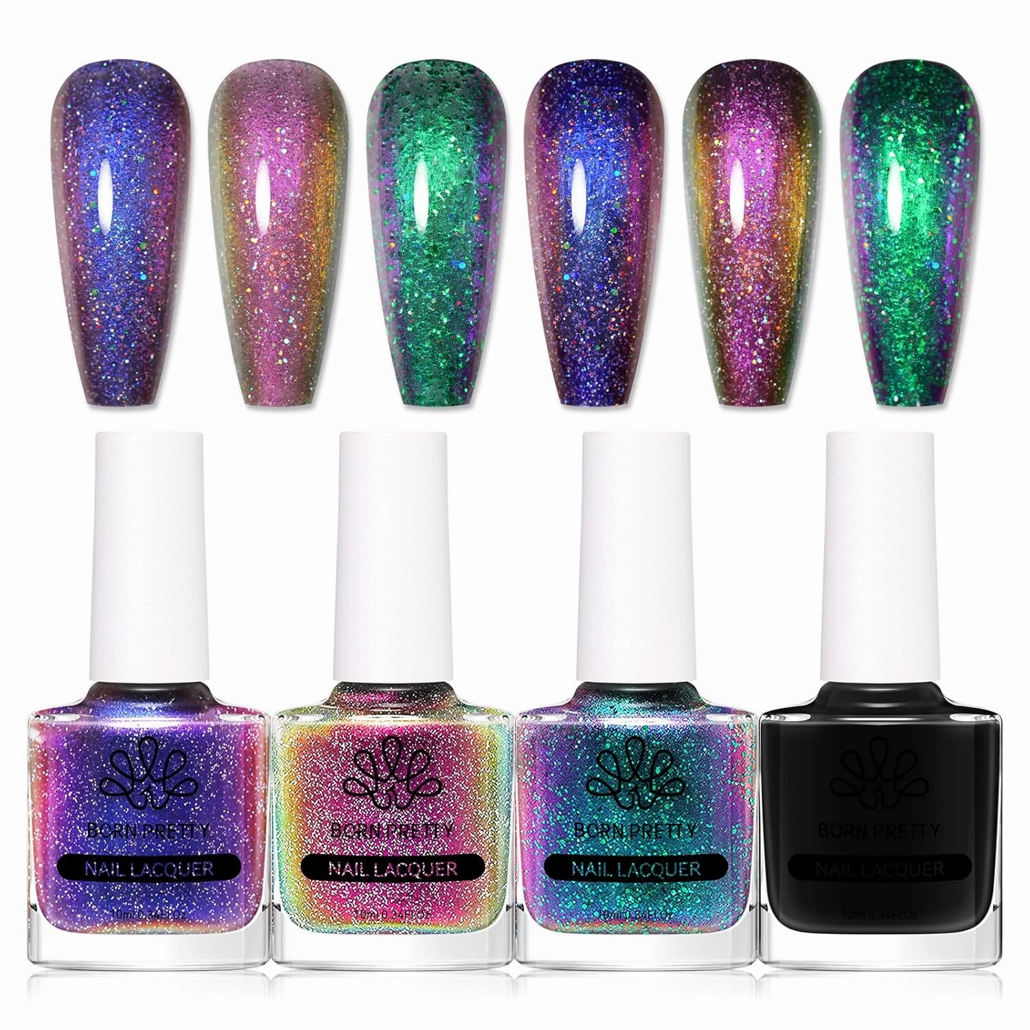 Born Pretty Chameleon Nail Polish Set Holographic Glitter Polish Sparkle Shimmer Nail Art Polish with Black Nail Polish Multicolored Nail Art Varnish 4 Bottles