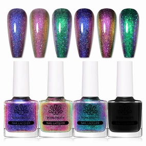Born Pretty Chameleon Nail Polish Set Holographic Glitter Polish Sparkle Shimmer Nail Art Polish with Black Nail Polish Multicolored Nail Art Varnish 4 Bottles