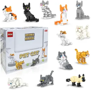 BOROLA 12 Sets Pet Cat Building Blocks Set Educational Toy Realistic Fun Animal Assembly Kit Toys Games(Boxes Gift Set)