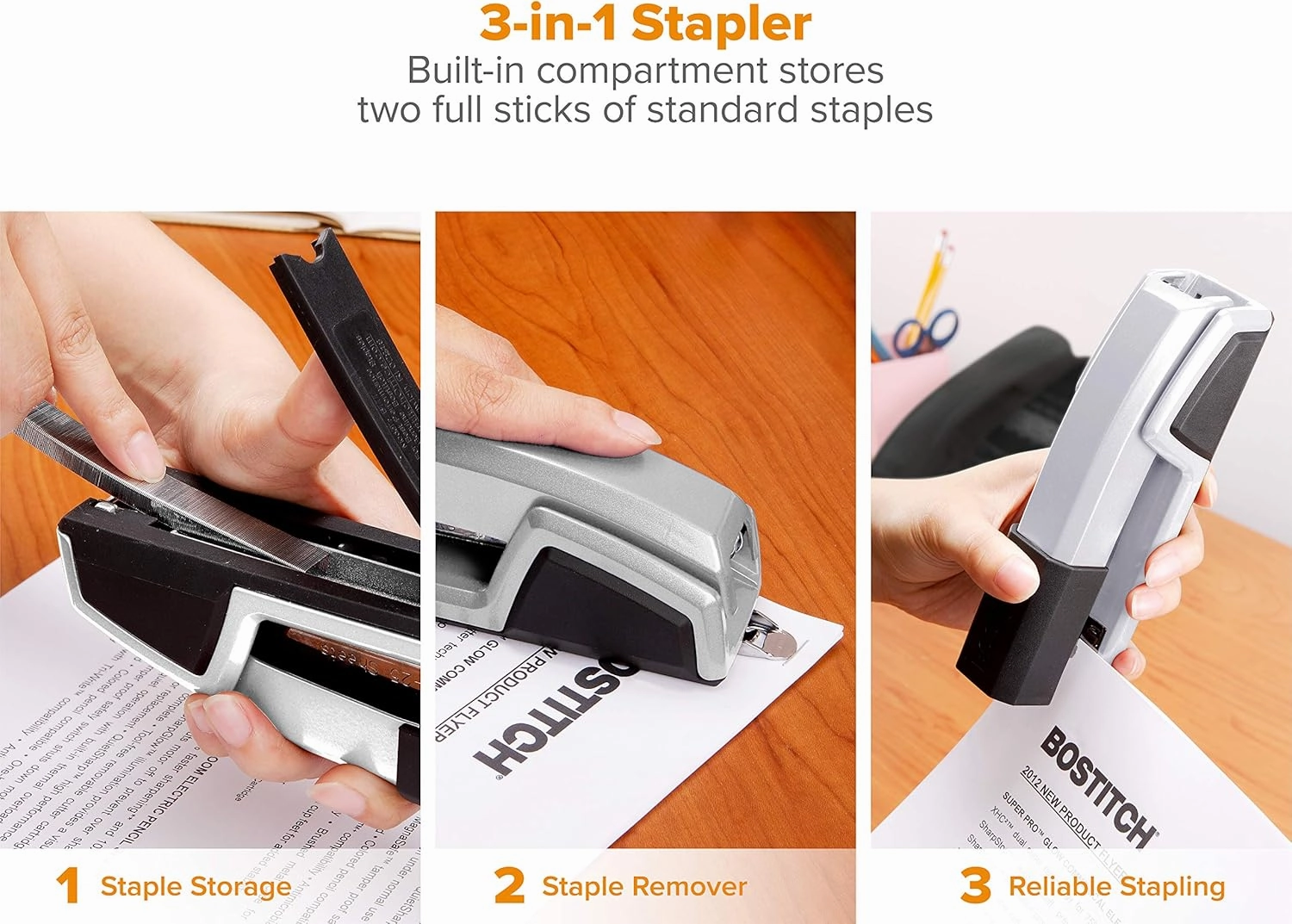 Bostitch Office Epic All Metal 3 in 1 Stapler, 25 Sheet Capacity, with Integrated Remover & Staple Storage, Silver (B777R-SLV)