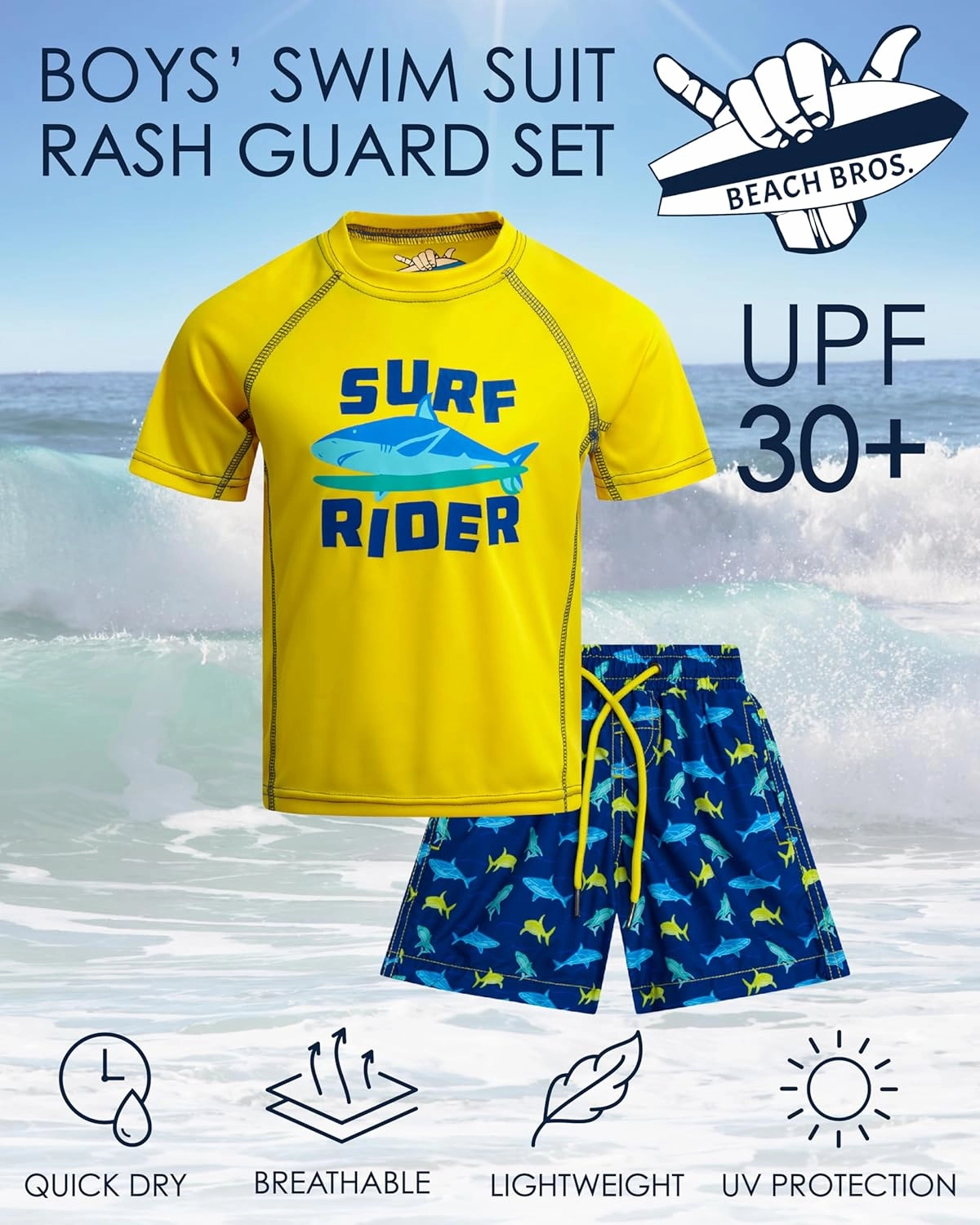 Boys Rash Guard Swimsuit Set - UPF 30  Kids Short Sleeve Bathing Suit Swimwear Sets (Sizes: 5-14)