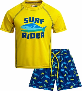 Boys Rash Guard Swimsuit Set - UPF 30  Kids Short Sleeve Bathing Suit Swimwear Sets (Sizes: 5-14)