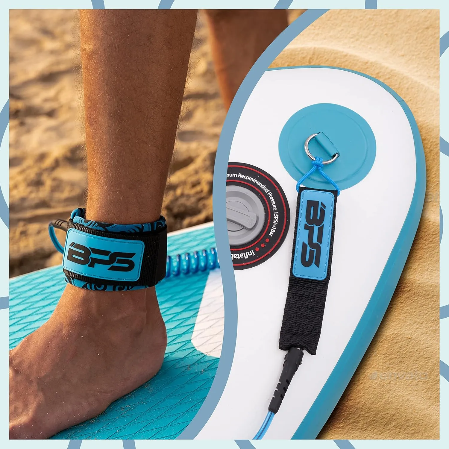 BPS ‘Storm’ Premium 7.2mm Coil SUP Leash Paddleboard Ankle Leash Quick Release Tab, with Waterproof Waist Bag Longboard Surfboard Stand-up Paddleboard Accessories
