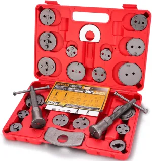 Brake Caliper Compression Tool, 22Pcs Caliper Piston Compressor Tool, Brake Caliper Wind Back Kit with Thrust Bolt Assemblies Retaining Plates Caliper Hangers 18 Disc Adapters, Red