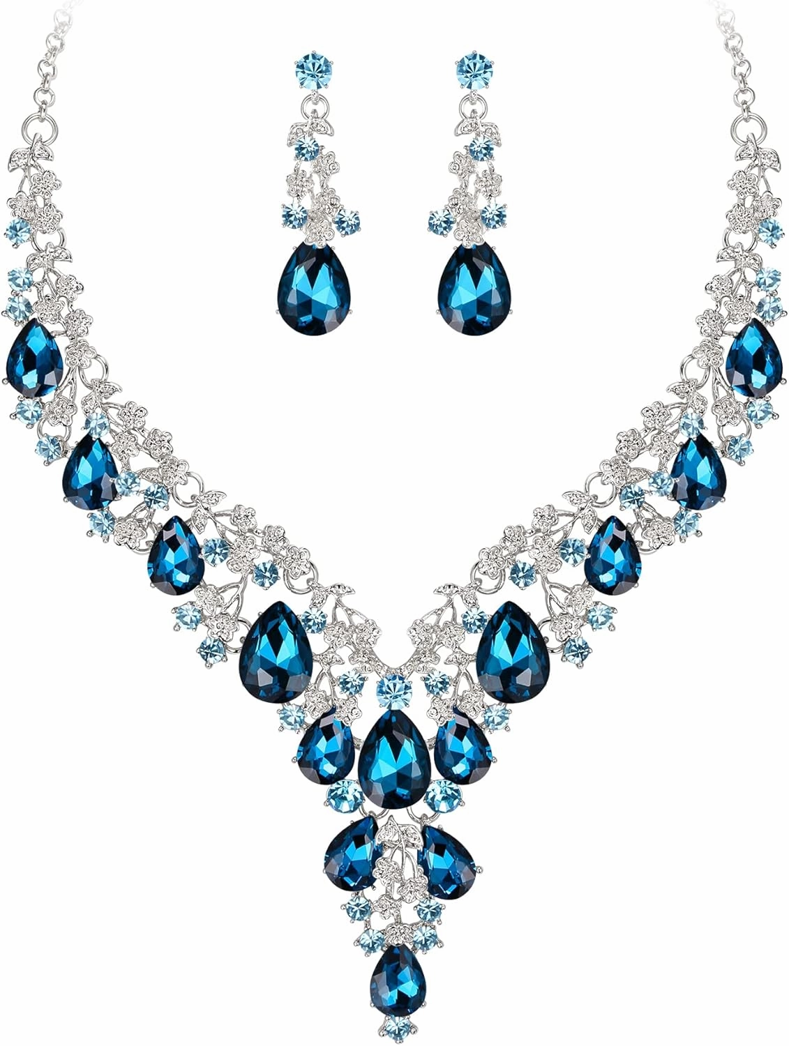 BriLove Women's Wedding Bridal Austrian Crystal Teardrop Flower Cluster Statement Necklace Dangle Earrings Jewelry Set for Party Prom