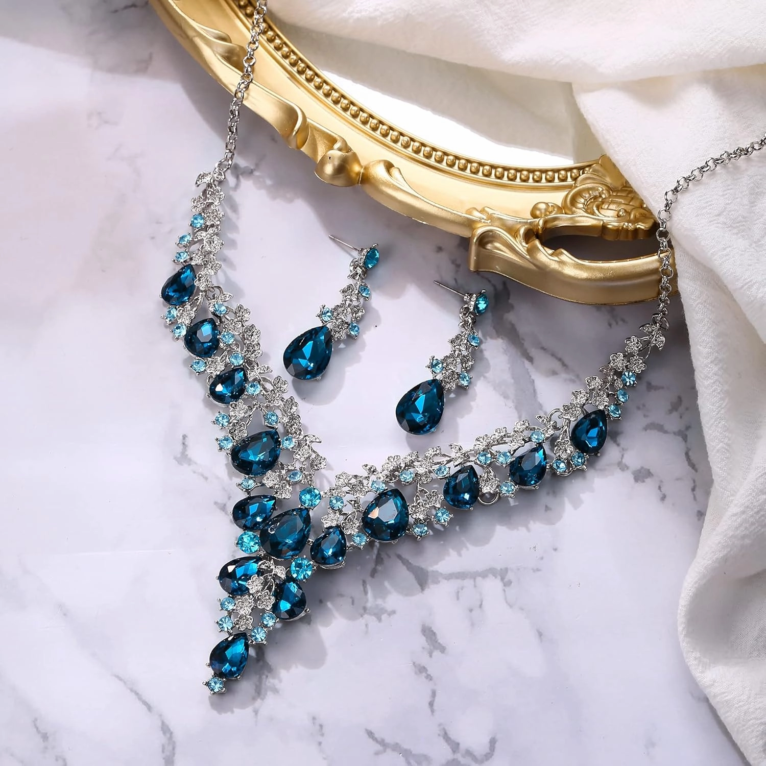 BriLove Women's Wedding Bridal Austrian Crystal Teardrop Flower Cluster Statement Necklace Dangle Earrings Jewelry Set for Party Prom