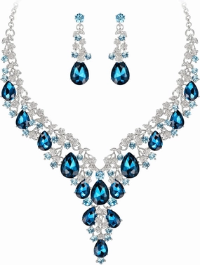 BriLove Women's Wedding Bridal Austrian Crystal Teardrop Flower Cluster Statement Necklace Dangle Earrings Jewelry Set for Party Prom