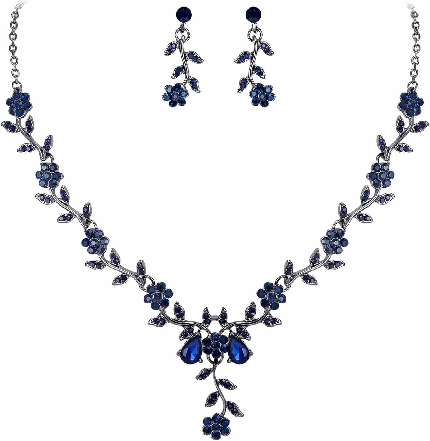 BriLove Women's Wedding Jewelry Leaf Cluster Flower Crystal Dangle Earrings Pendant Necklace Set for Bridal