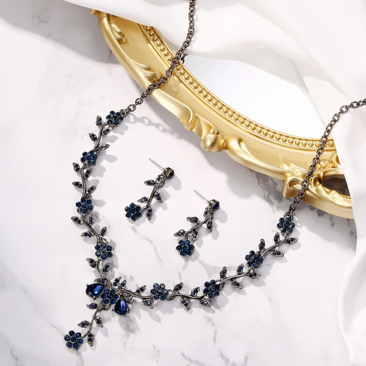 BriLove Women's Wedding Jewelry Leaf Cluster Flower Crystal Dangle Earrings Pendant Necklace Set for Bridal