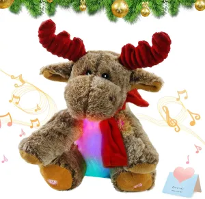 BSTAOFY LED Musical Reindeer Christmas Stuffed Animal Creative Singing Elk Soft Plush Toy Night Light Up Colorful Cute Elk Plush Soft Lovely Toy Bedtime Doll Birthday Gifts, 12''