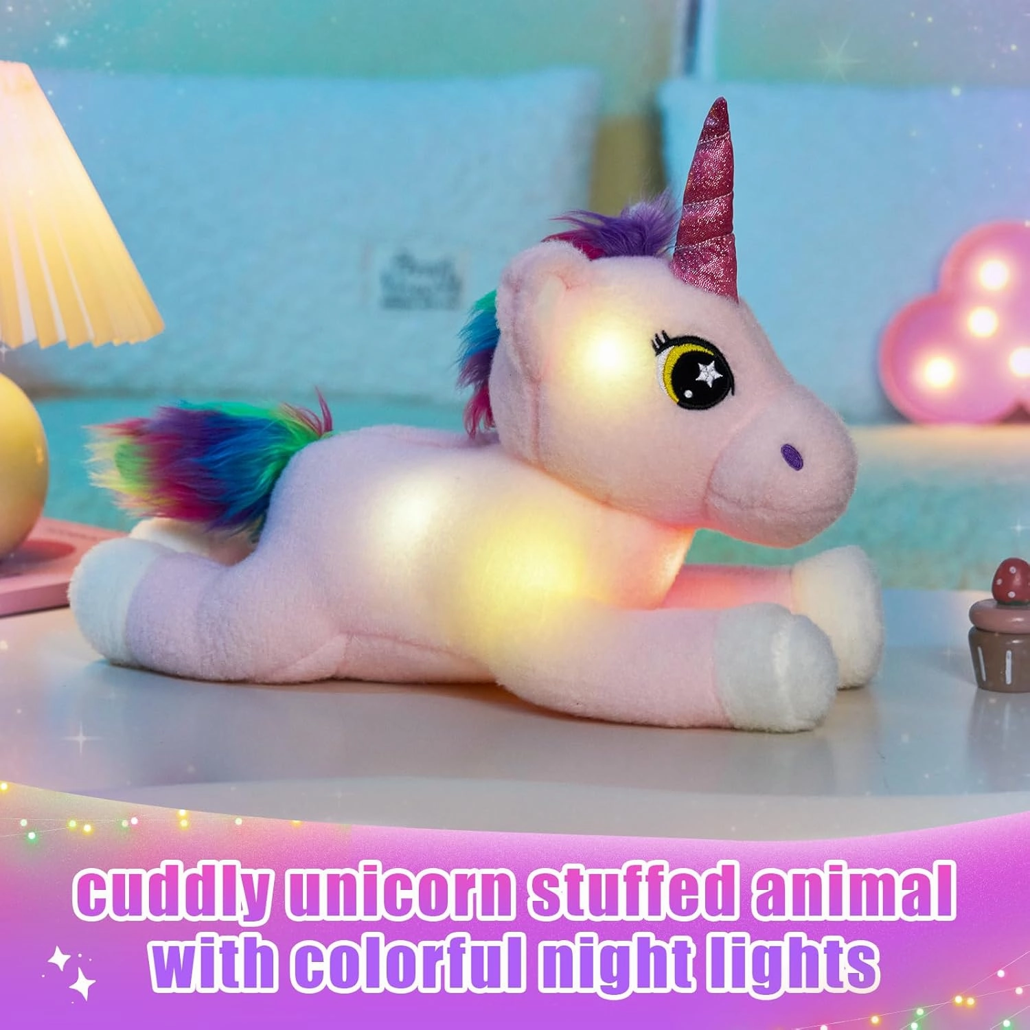 BSTAOFY Big Light up Pink Unicorn Stuffed Animal LED Unicorn Soft Plush Toy Birthday Valentines Christmas for Kids Girls 16.5‘’