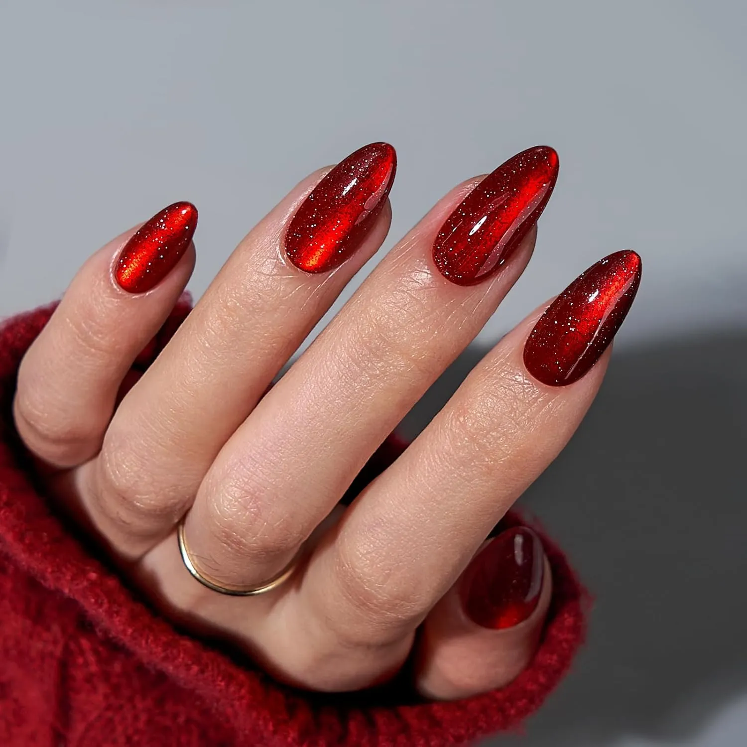 BTArtbox Press On Nails Almond - Deep Red Sparkly Stick on Nails, Glossy Fake Nail Tips Medium in 15 Size, Mystic Ruby