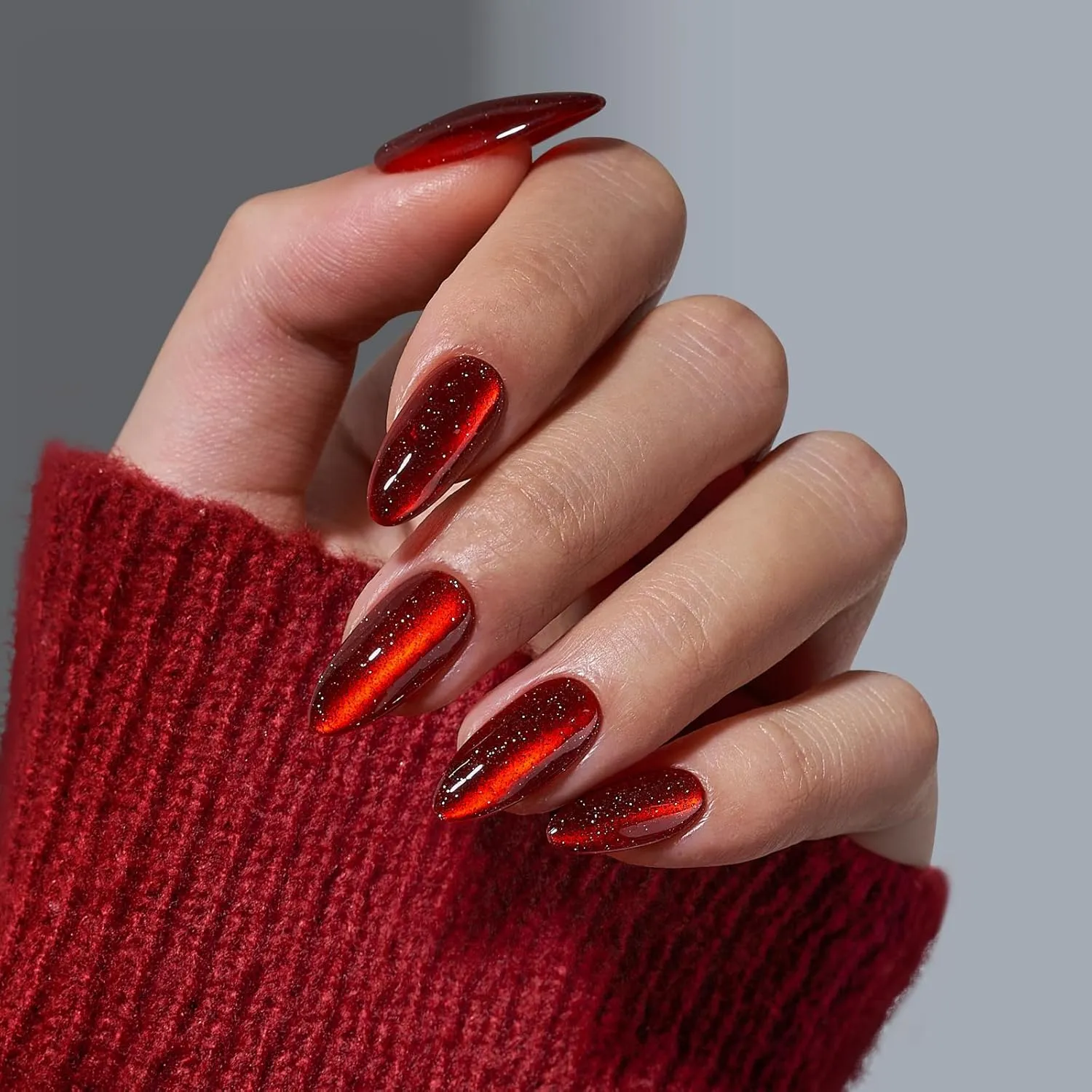 BTArtbox Press On Nails Almond - Deep Red Sparkly Stick on Nails, Glossy Fake Nail Tips Medium in 15 Size, Mystic Ruby