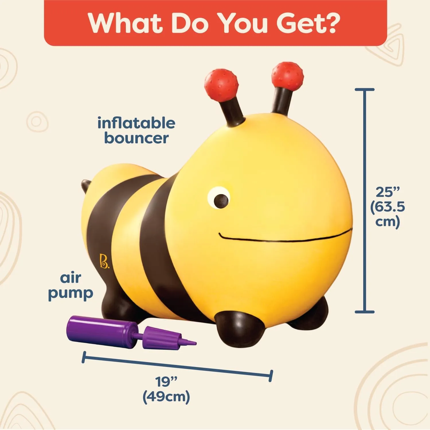 B.toys - Inflatable Bee Bouncer Ride-On Toy with Air Pump - Toddler Toys for Balance & Motor Skills - Kids Bouncing Seat with Easy-Grip Antennae - Safe Indoor Active Play, Ages 18 Months 