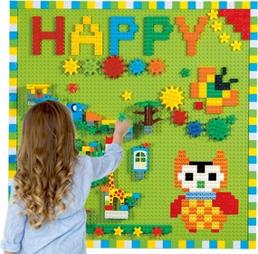 Building Blocks on Wall or Table - 8 pc (10"x20") Self-Adhesive Wall Baseplate, 812 pcs Blocks with Gears and Marble Run Marble Track Kids Toys - STEM Building Toys Activity Wall with Toy Storage