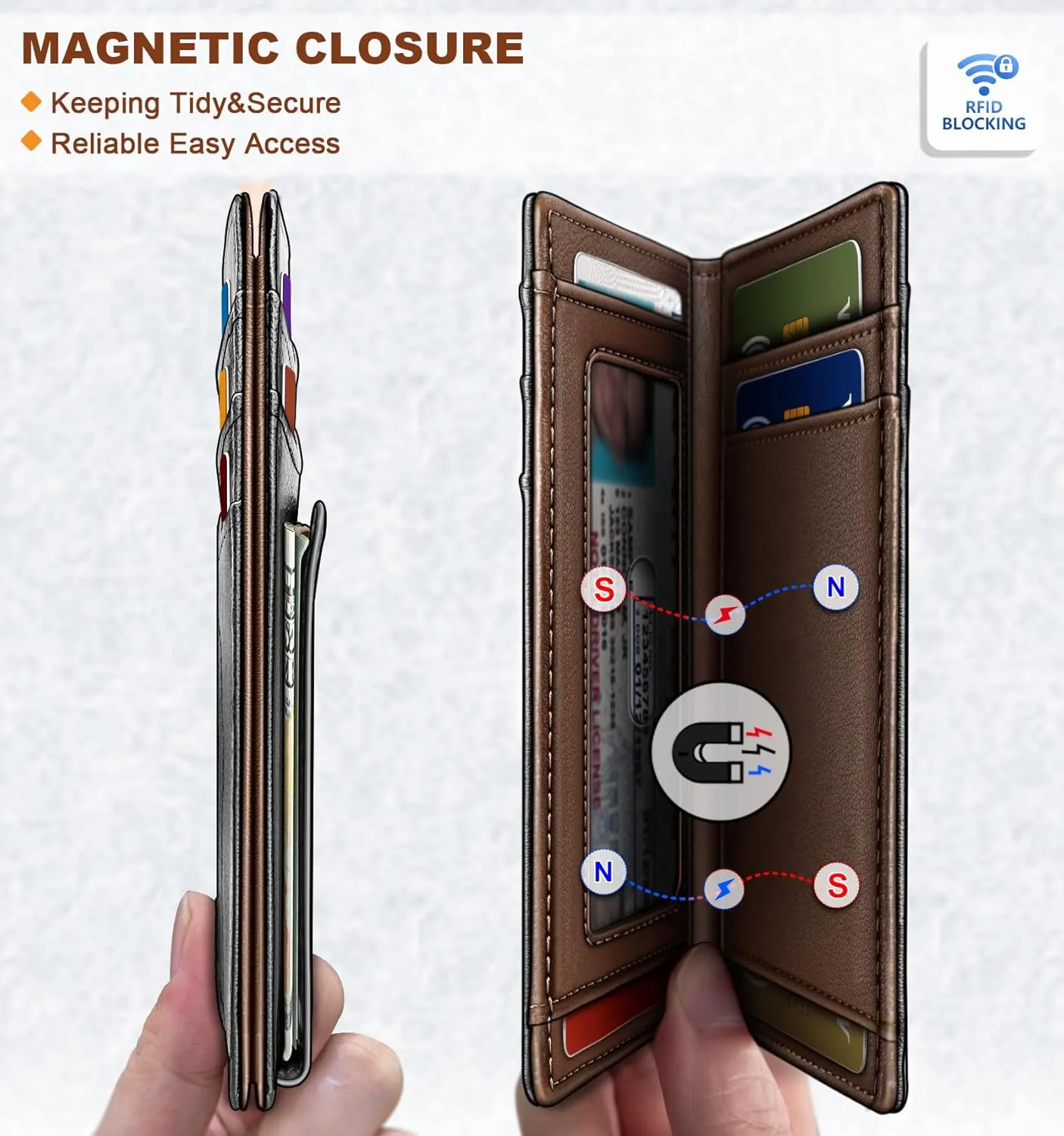 BULLIANT Magnetic Closure Slim Wallet-Genuine Leather Front Pocket Wallet for Men,RFID Blocking,Holds 12 Cards and Money Clip