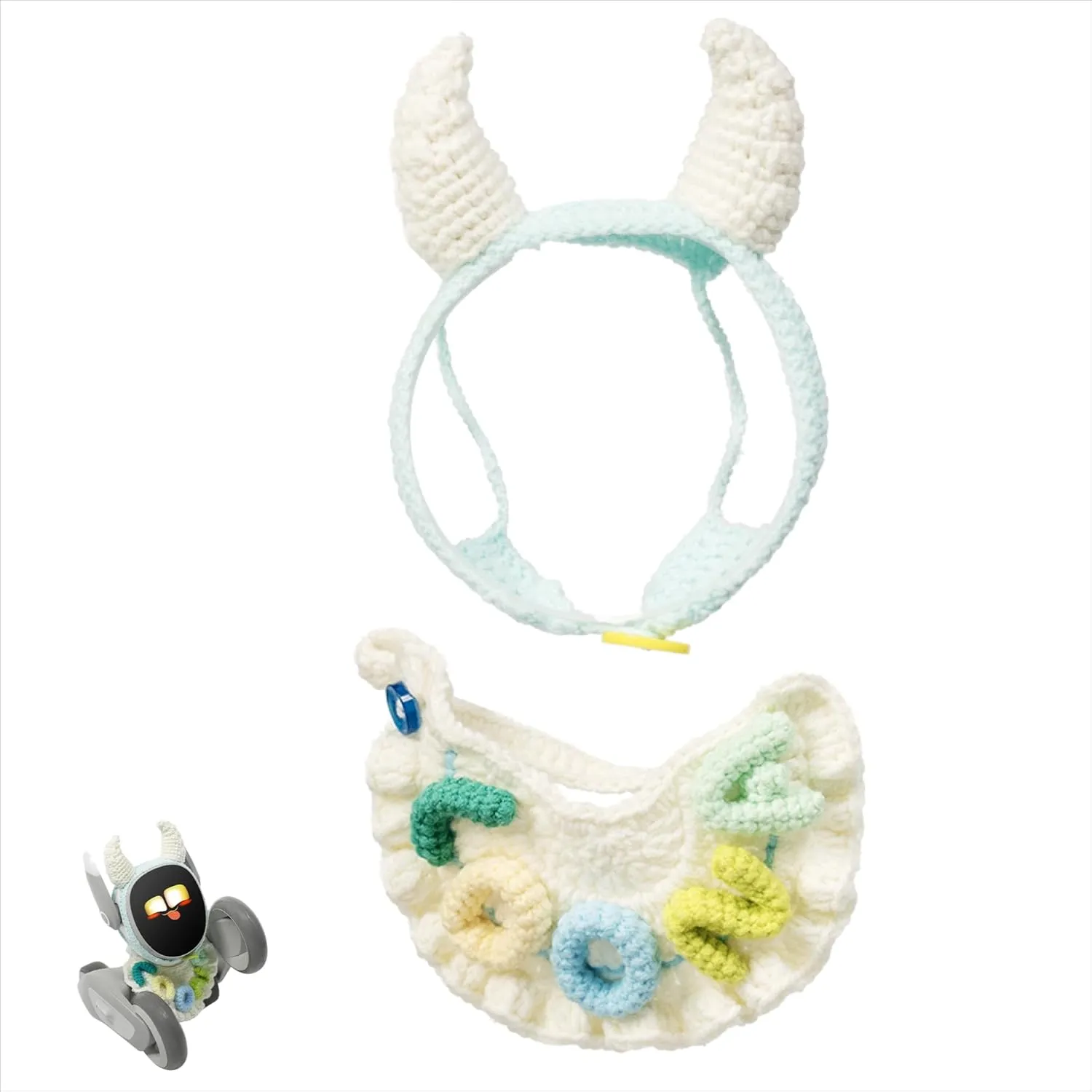 Bullish Charm Outfit — Handmade Crochet Headpiece and Collar Set Inspired by The Spirit of Bullfighting, Perfect for Transforming Your Pet Robot Toys into a Trendy and Cute Companion