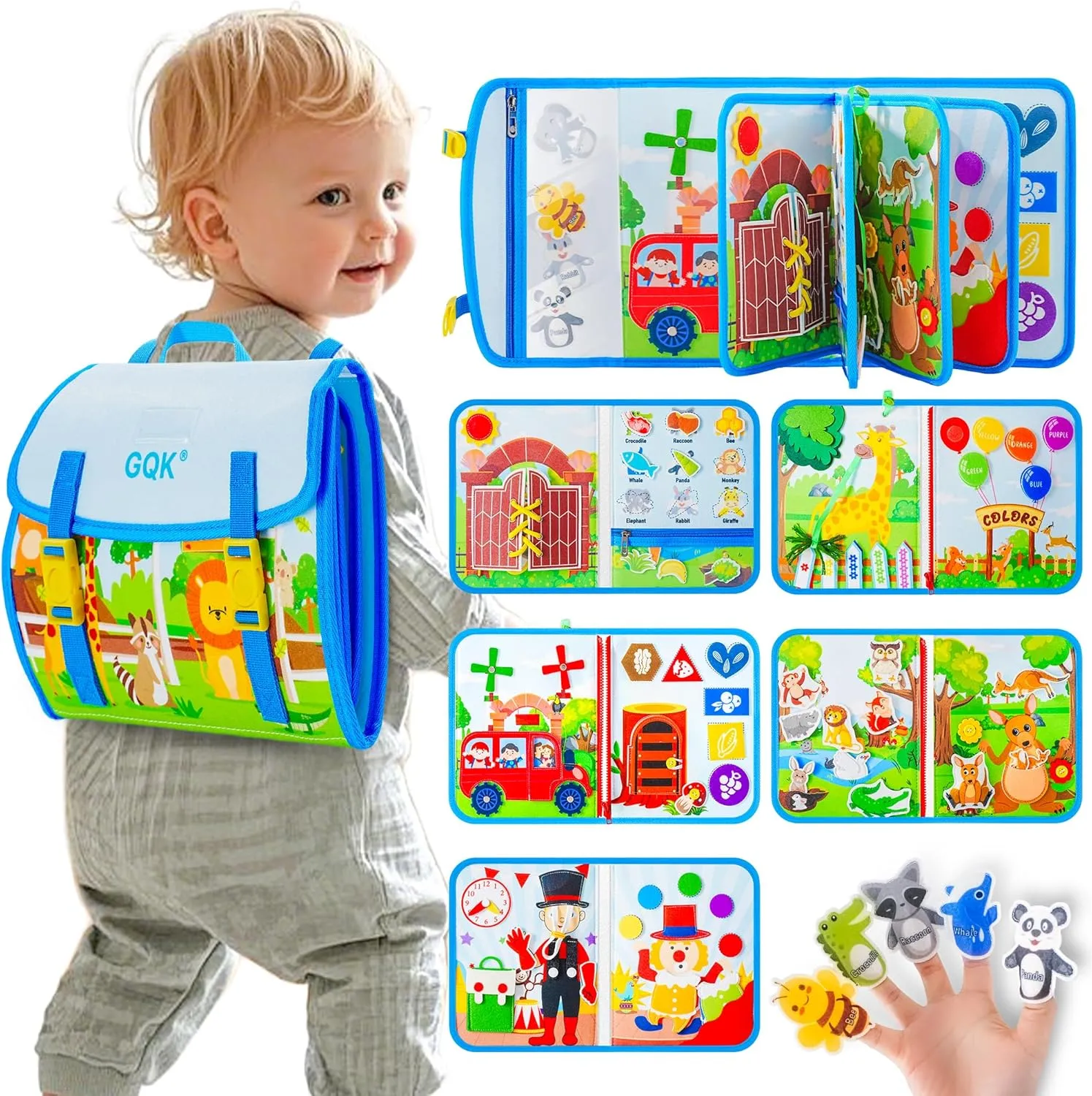 Busy Book for Toddlers 1 2 3 4 Ages, Montessori Sensory Busy Board Backpack Travel Toys, Zoo 20 in 1 Quiet Activity Books for Toddlers 1-3 Year Old Boys Girls Educational Learning Gift (Blue/P10)