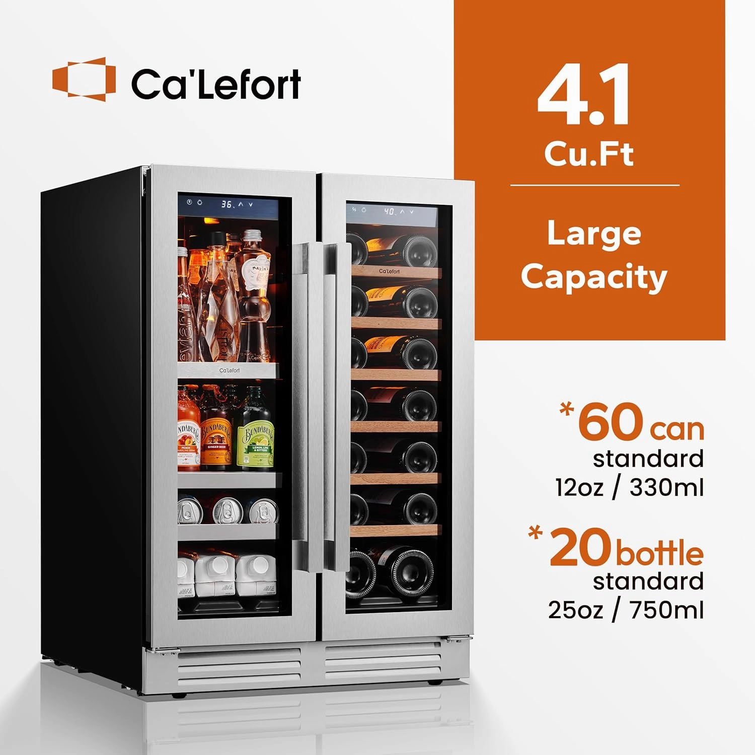 Ca'Lefort 24 Inch Wine and Beverage Refrigerator, 60 Can and 20 Bottle Wine Cooler 36-72°F, 3 LED Dual Zone Wine Fridges Glass Door, Built-in or Freestanding for Home/Kitchen (4.10 cu.ft)