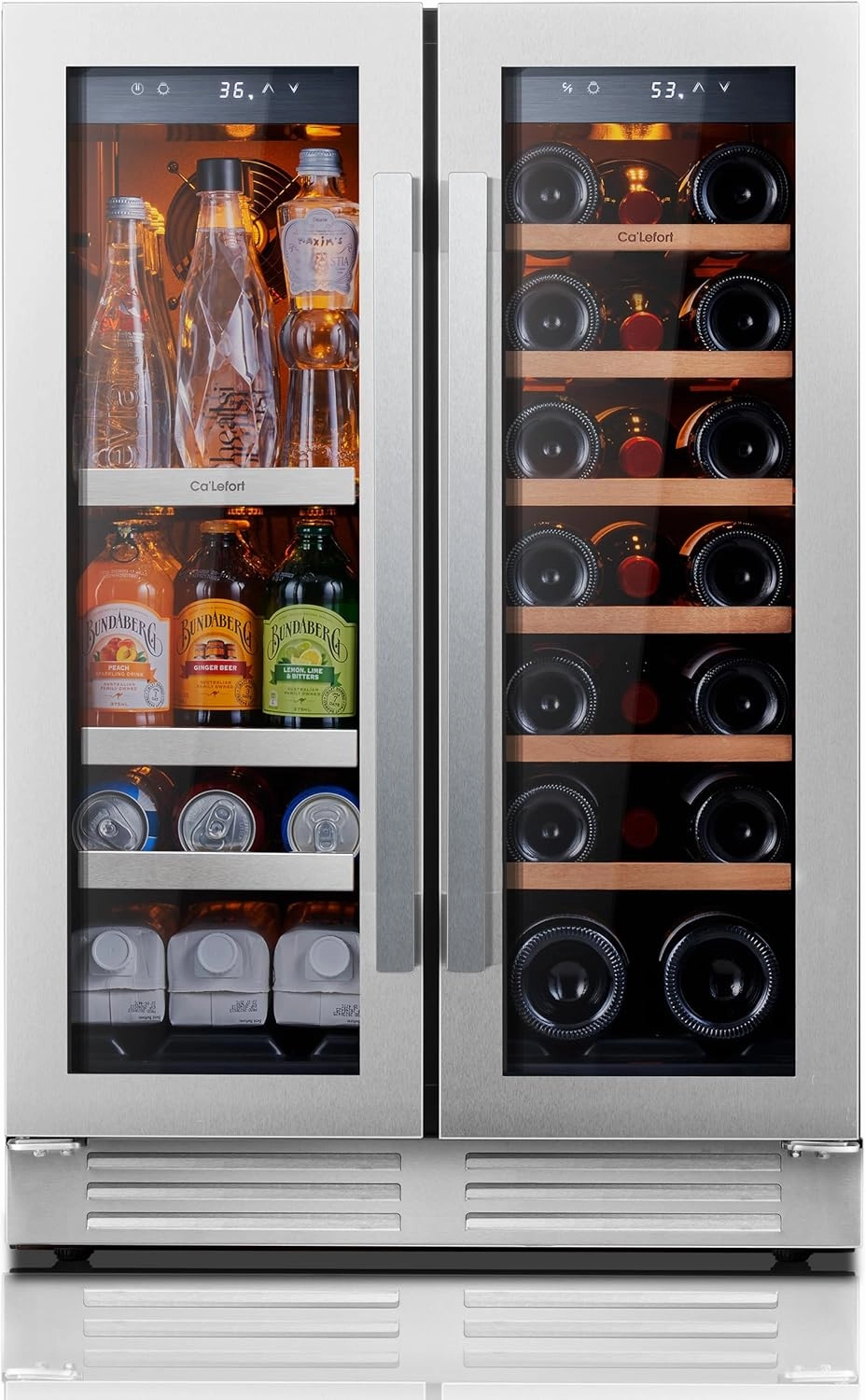 Ca'Lefort 24 Inch Wine and Beverage Refrigerator, 60 Can and 20 Bottle Wine Cooler 36-72°F, 3 LED Dual Zone Wine Fridges Glass Door, Built-in or Freestanding for Home/Kitchen (4.10 cu.ft)