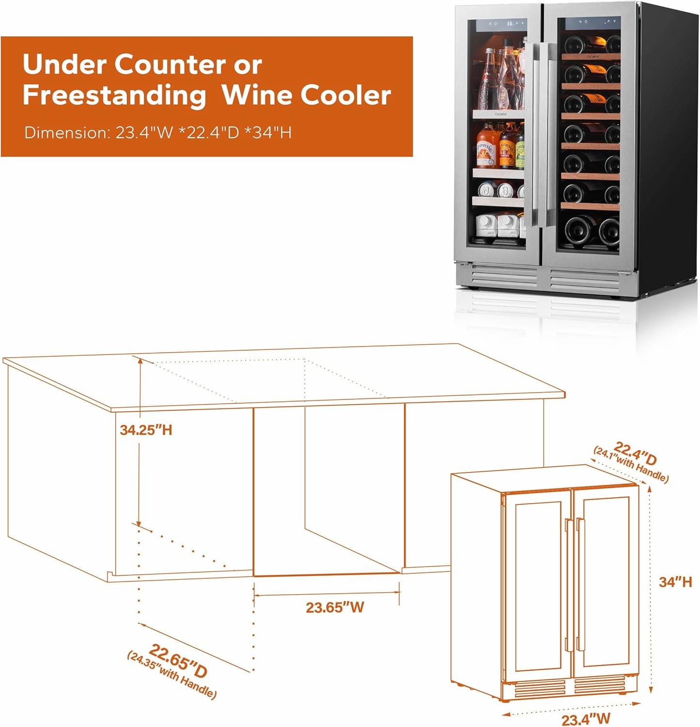 Ca'Lefort 24 Inch Wine and Beverage Refrigerator, 60 Can and 20 Bottle Wine Cooler 36-72°F, 3 LED Dual Zone Wine Fridges Glass Door, Built-in or Freestanding for Home/Kitchen (4.10 cu.ft)