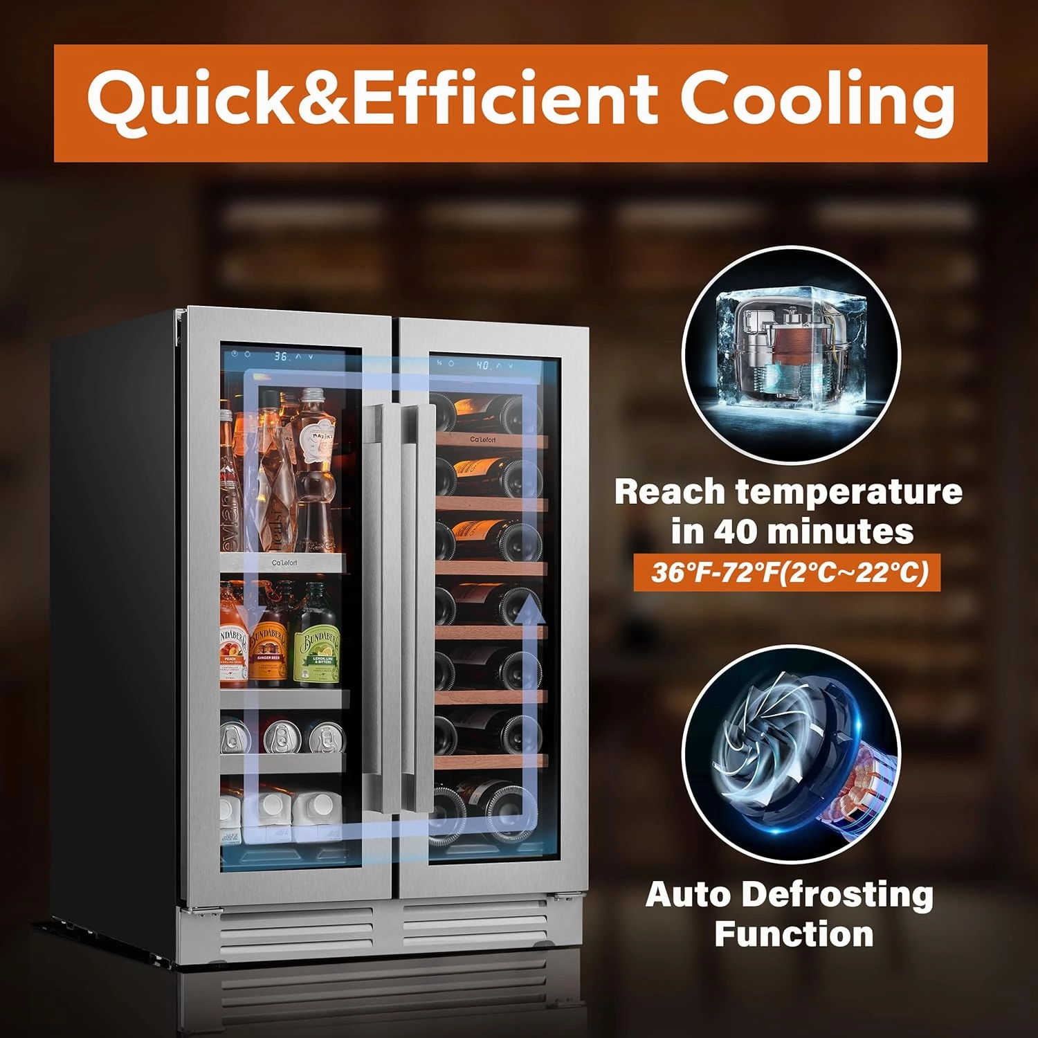 Ca'Lefort 24 Inch Wine and Beverage Refrigerator, 60 Can and 20 Bottle Wine Cooler 36-72°F, 3 LED Dual Zone Wine Fridges Glass Door, Built-in or Freestanding for Home/Kitchen (4.10 cu.ft)