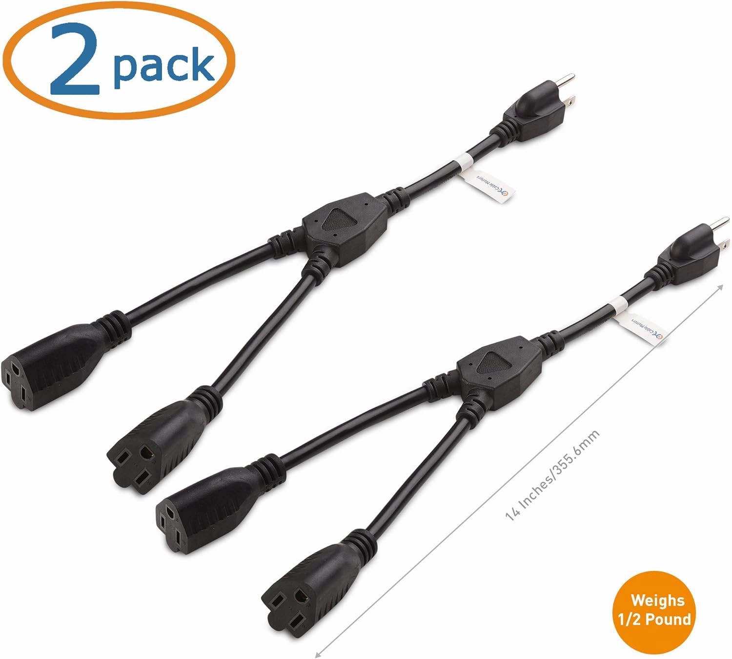Cable Matters 2-Pack 2 Outlet Power Splitter Cord - 1.2ft, NEMA 5-15P to NEMA 5-15R Y Power Cord Splitter, 16 AWG Outlet Saver, 1.2 Feet