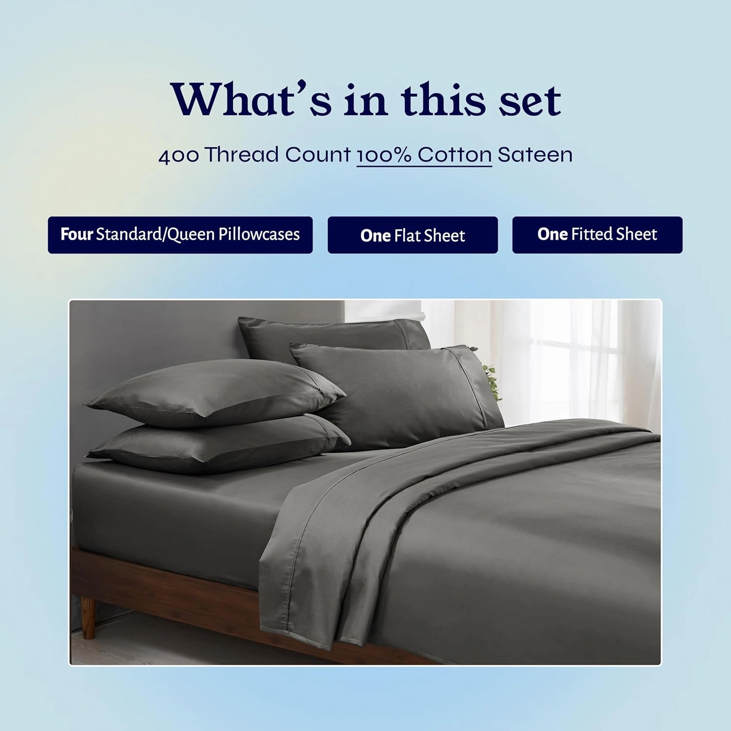 California Design Den 6-Pc Queen Size Sheet Set with 4 Pillowcases - 400 Thread Count 100% Cotton Sheets, Cooling Sateen Weave, Luxury Deep Pocket Bedsheets Set - Grey