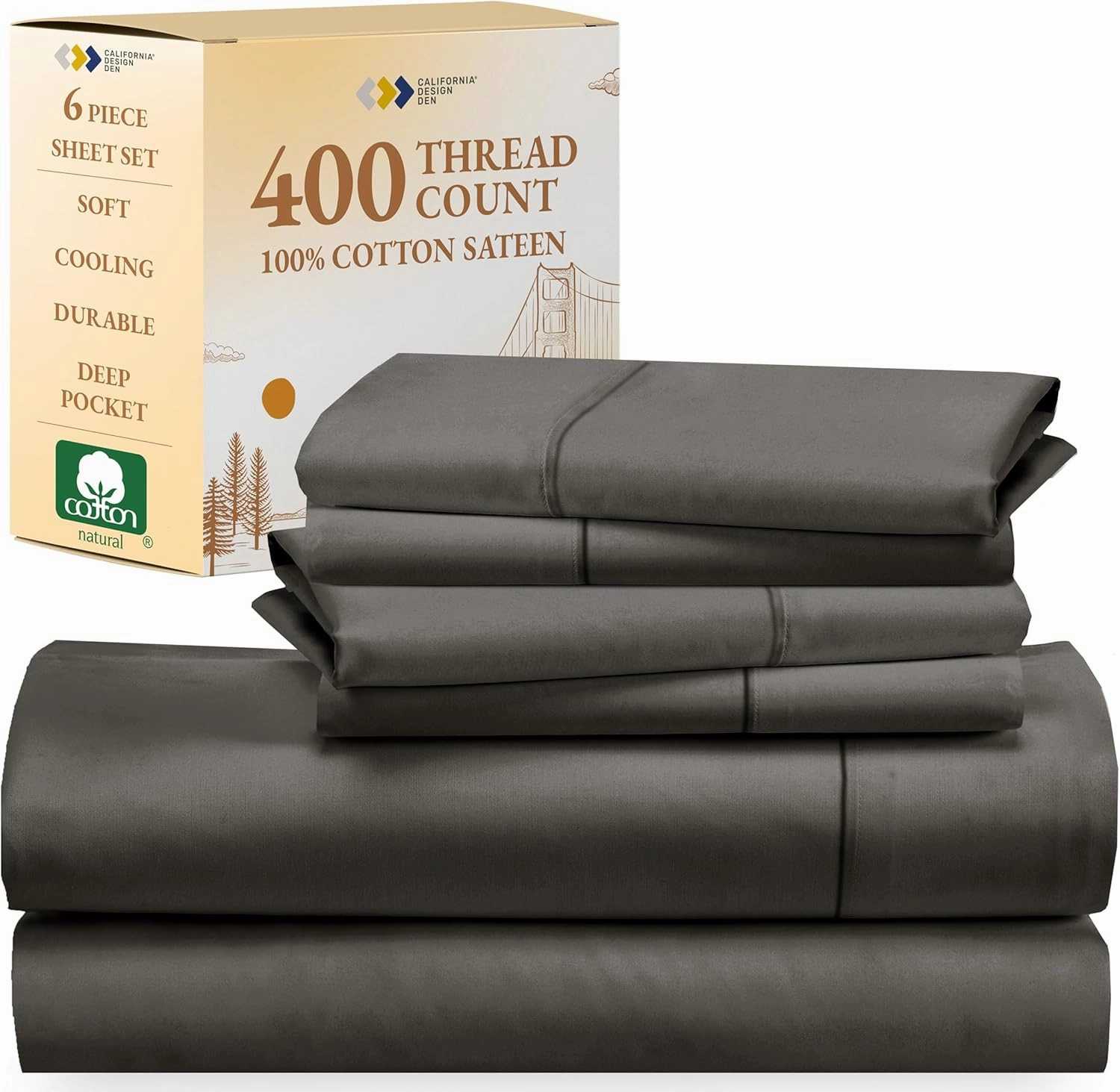 California Design Den 6-Pc Queen Size Sheet Set with 4 Pillowcases - 400 Thread Count 100% Cotton Sheets, Cooling Sateen Weave, Luxury Deep Pocket Bedsheets Set - Grey