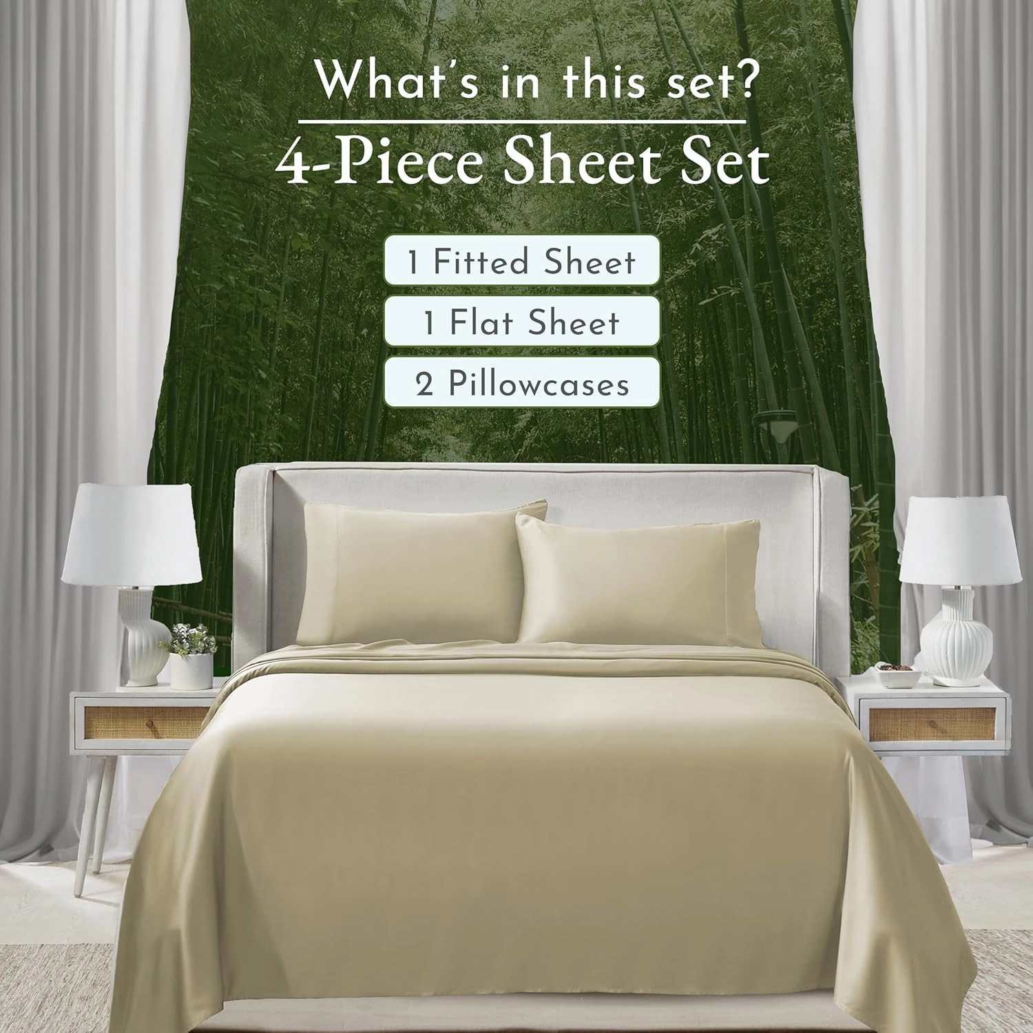 California Design Den Queen Size Rayon from Bamboo Sheets Set, Cooling Rayon Sheets, Luxury Queen Size Sheet Set with Fitted Deep Pockets, Beige Queen Sheet Set - Beige