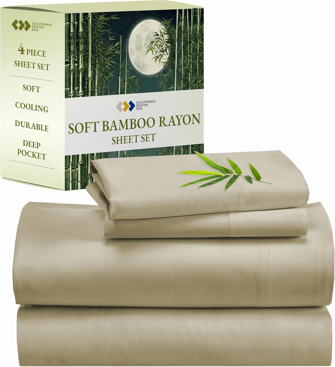 California Design Den Queen Size Rayon from Bamboo Sheets Set, Cooling Rayon Sheets, Luxury Queen Size Sheet Set with Fitted Deep Pockets, Beige Queen Sheet Set - Beige