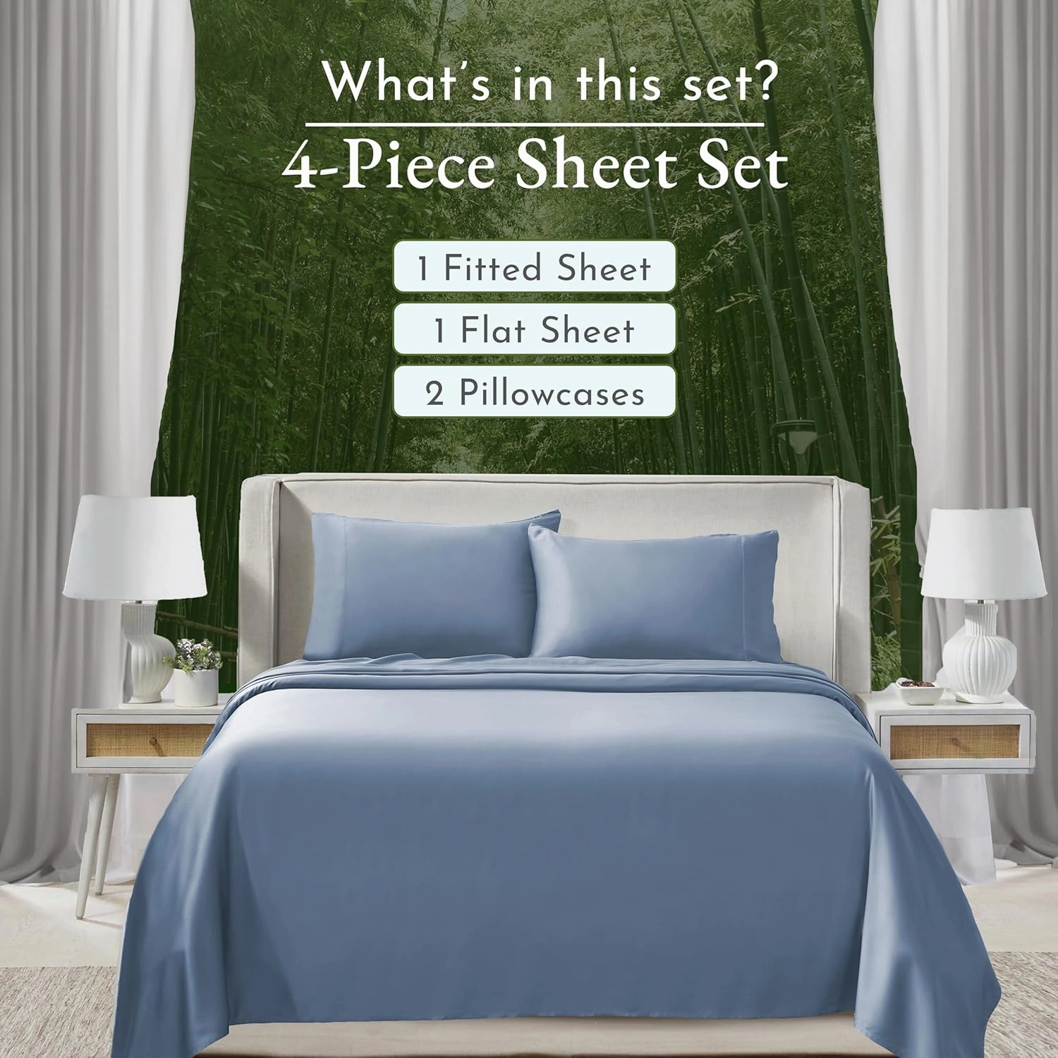 California Design Den Rayon Bamboo Sheets - Luxury Queen Sheets Set with Fitted Deep Pockets - Cooling Blue Hydrangea