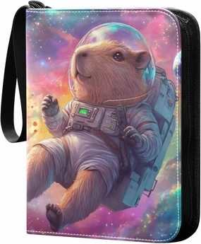 Capybara Galaxy Colorful 4 Pockets Trading Card Album Folder for Cards PU Cover Zip Card Binder with 400 Side Loading Pockets 3-Ring Card Collector Holder for Collectible Boys Girls Game Sports Cards
