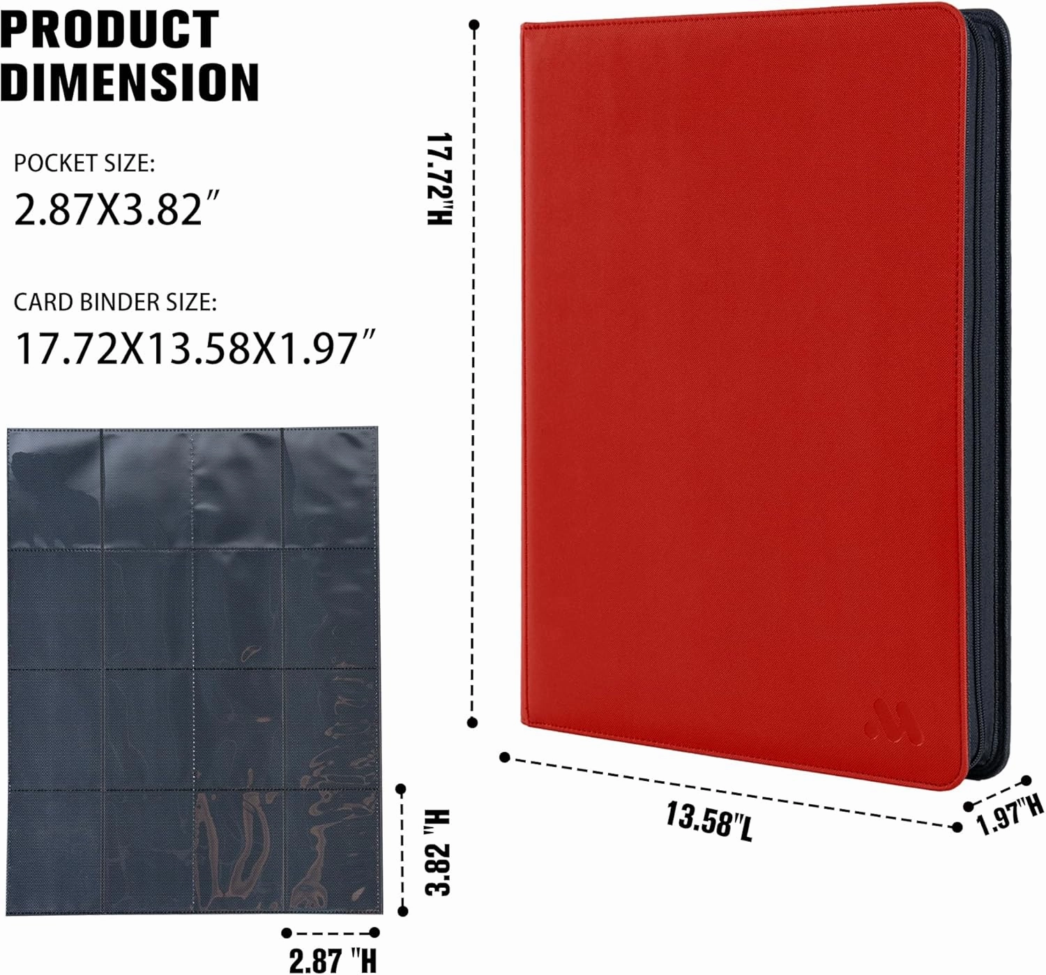 Card Binder 16 Pocket,Trading Card Binder Holds up to 1408 Cards with 44 Sleeves,Zipper Card Holder Album Compatible with TCG Card/Game Cards/Sports Card Red