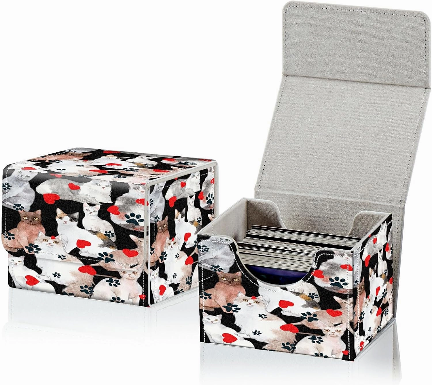 Card Deck Box for MTG Cards, Card Storage Box Fits 100  Sleeved Cards, PU Leather Large Size Strong Magnet Card Deck Case Holder for Board Game Magic MTG TCG CCG, Cat