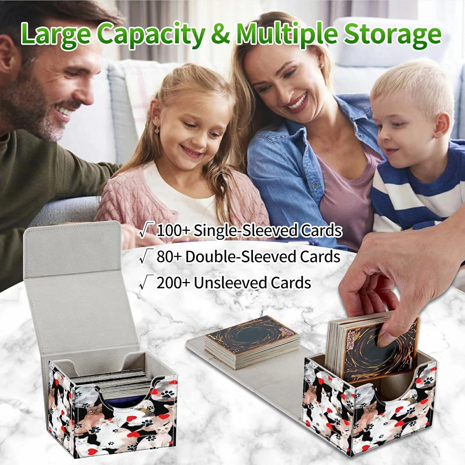 Card Deck Box for MTG Cards, Card Storage Box Fits 100  Sleeved Cards, PU Leather Large Size Strong Magnet Card Deck Case Holder for Board Game Magic MTG TCG CCG, Cat