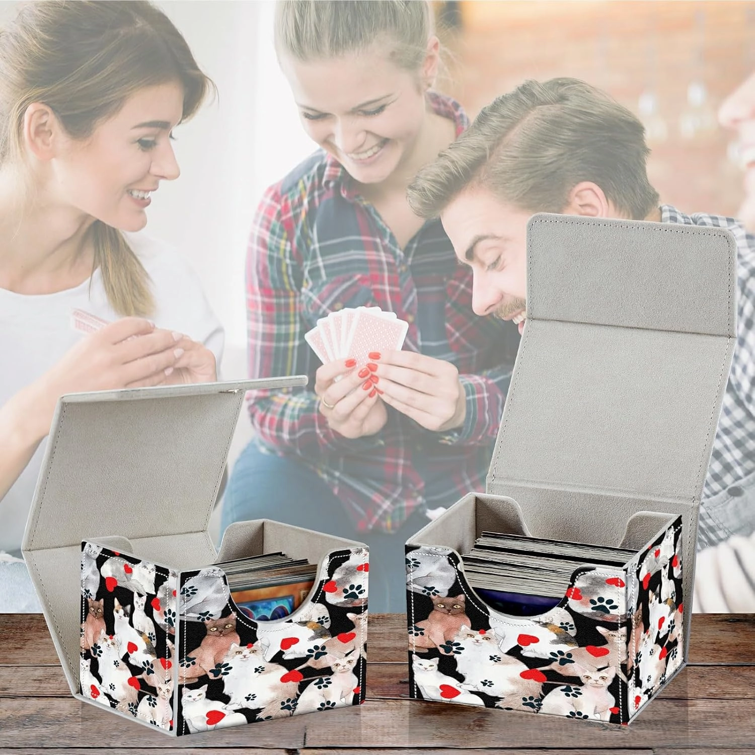 Card Deck Box for MTG Cards, Card Storage Box Fits 100  Sleeved Cards, PU Leather Large Size Strong Magnet Card Deck Case Holder for Board Game Magic MTG TCG CCG, Cat
