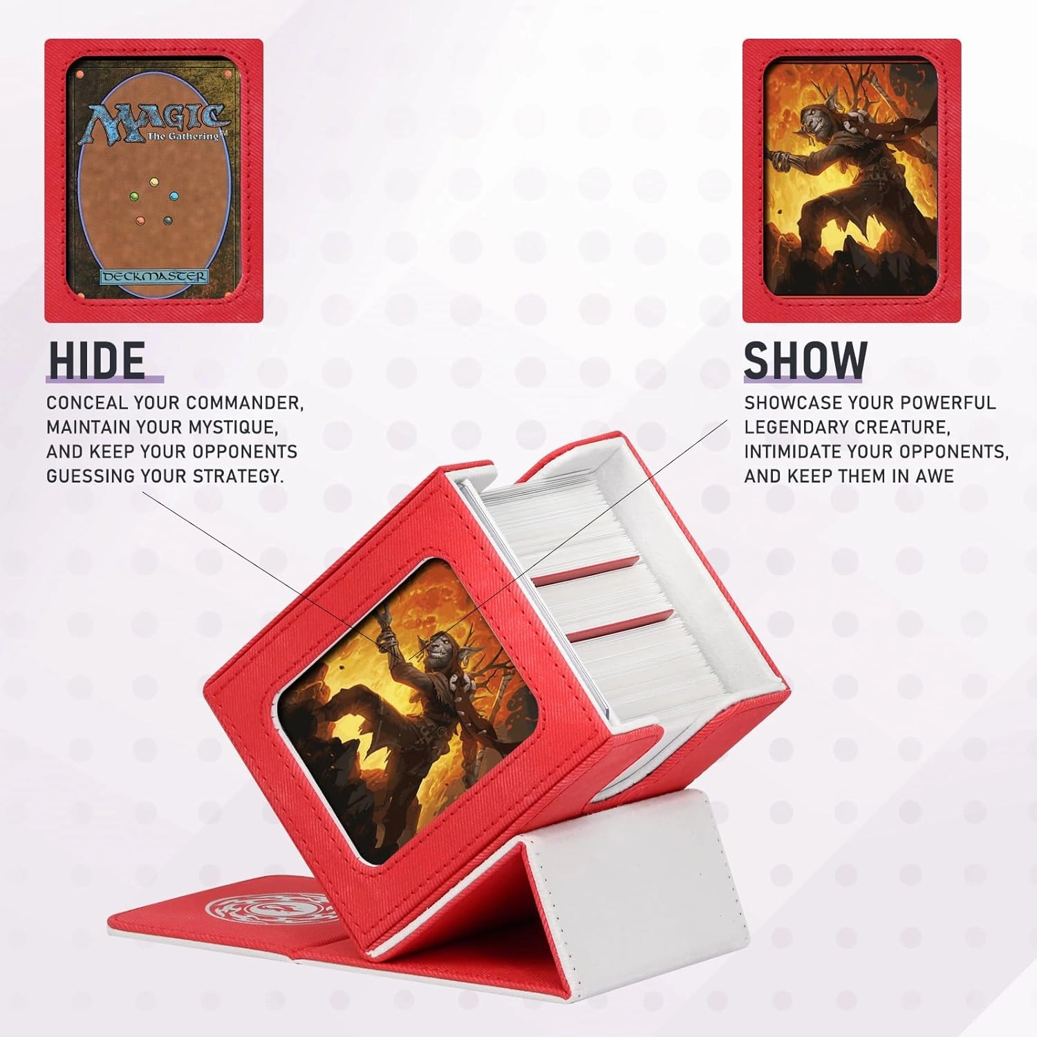 Card Deck Box for MTG with Commander Display for 100  Double Sleeved Cards, Magnetic Card Storage Box Fits for TCG Sports Trading Cards (Red&White)